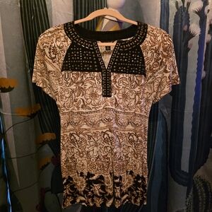 Lucky Brand Black and Cream Patterned Blouse
